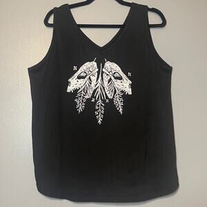 Hand Screen Printed on Secondhand Shirt Skull Floral 1X Black Tank Top V Neck